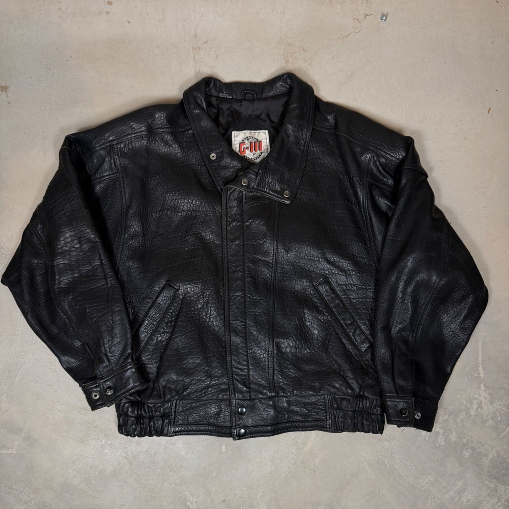 G-III Global Identity Vintage Black Textured Leather Bomber Jacket Mens XL